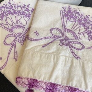 Hand Embroidered Pillowcases Standard Floral Fan Ribbon Crochet Edge Estate Vtg